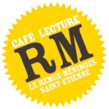 Badge à fond jaune pétant floqué Café Lecture Le Remue-Méninge Saint-Éienne