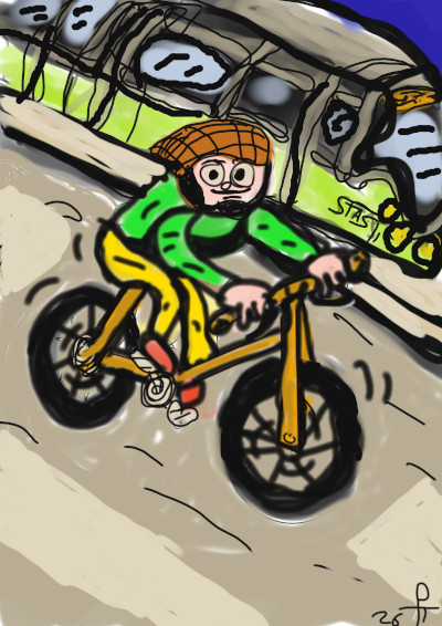 Dessin d'un cycliste qui roule à coté du tram